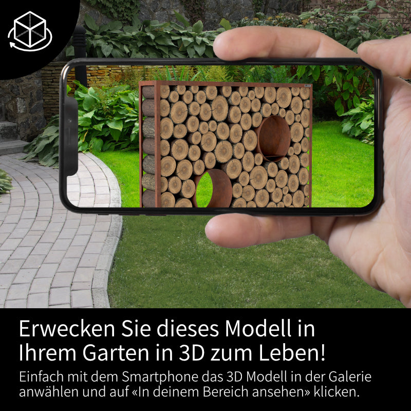 3D Kaminholzregal Fenster rund Rost - StahlFabrik